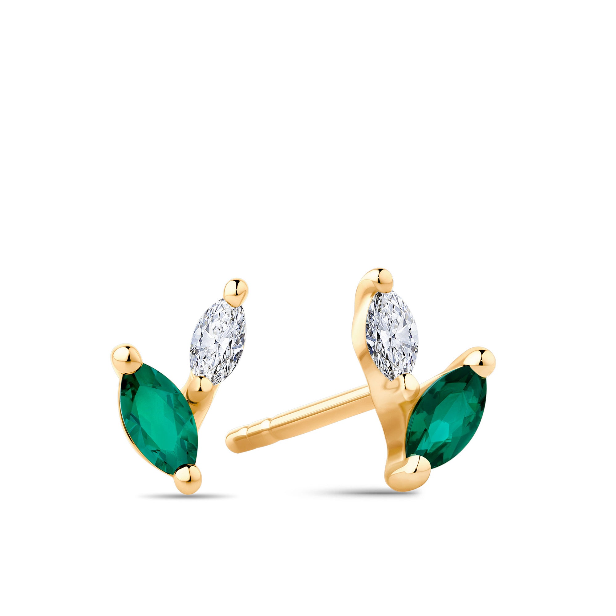 Marquise Cut Created Emerald & Lab-Grown Diamond Stud Earrings in 9ct Yellow Gold