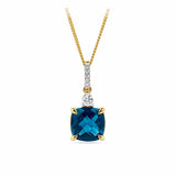 London Blue Topaz & Diamond Checkerboard Pendant in 9ct Yellow Gold