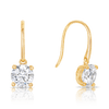 A pair of 9ct yellow gold shepherd's hook drop earrings shown front on, featuring a 6.5mm round cubic zirconia gemstone in a 4-claw setting. Measuring 18.50mm in length.