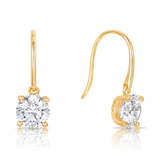 A pair of 9ct yellow gold shepherd's hook drop earrings shown front on, featuring a 6.5mm round cubic zirconia gemstone in a 4-claw setting. Measuring 18.50mm in length.