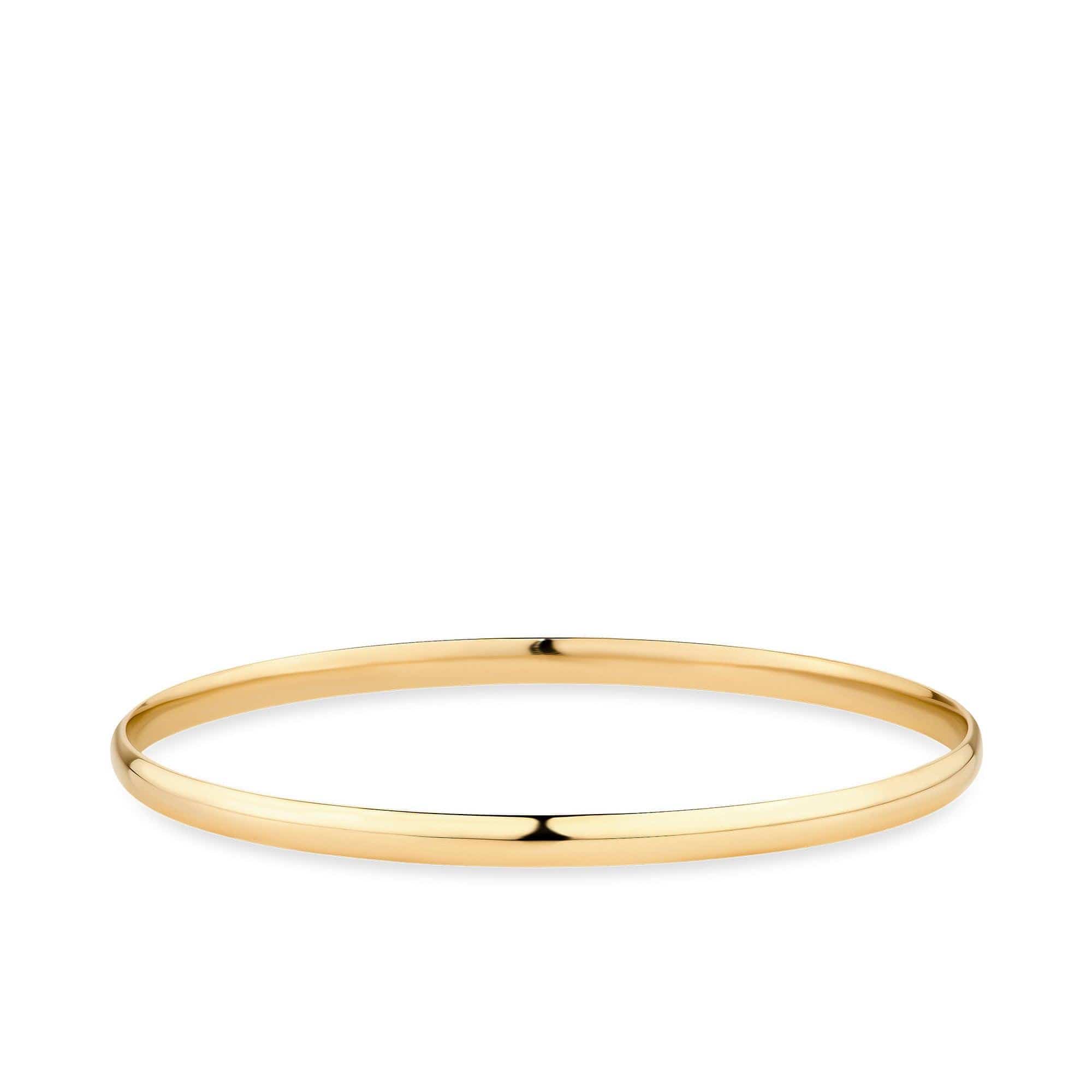 Solid round bangle in 9ct yellow gold featuring a classic polished design with a 4mm width and 65mm size.