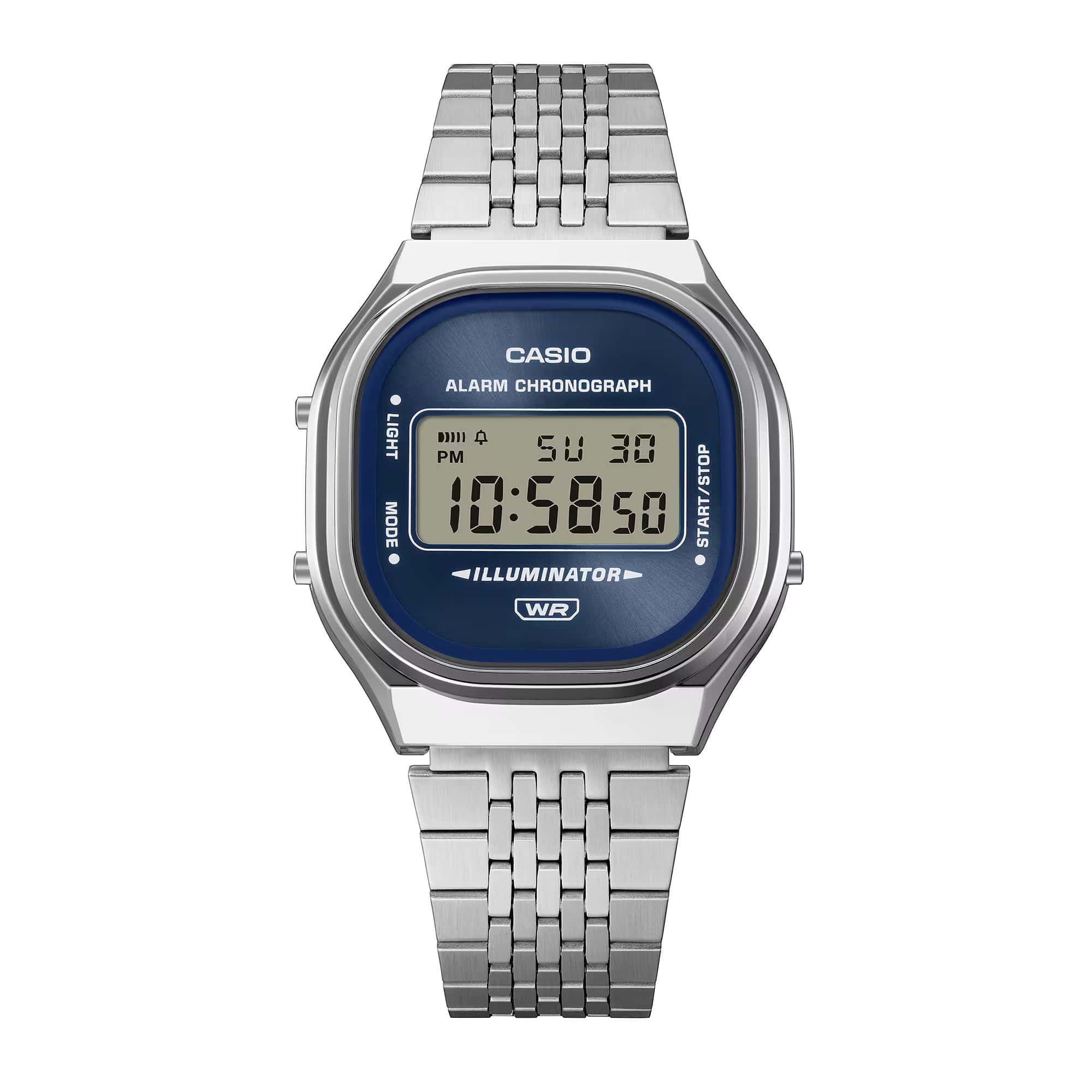 Casio Vintage A140WE-2A digital watch, three-quarter view showing navy blue sunray dial, softly contoured square case and stainless steel bracelet with vertical hairline link finish.