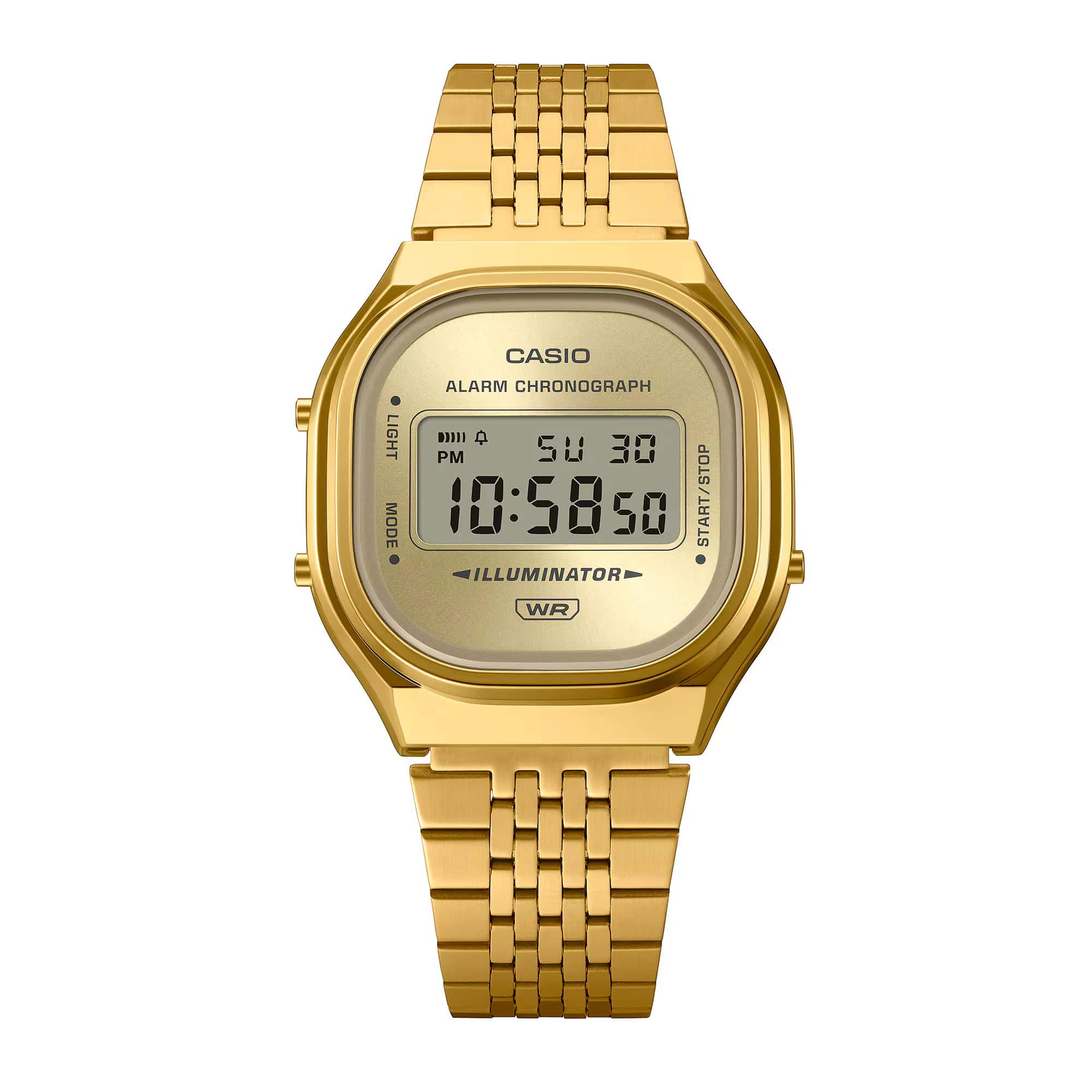 Casio Vintage A140WEG-9A digital watch, three-quarter view showing light gold sunray dial, softly contoured square gold ion-plated case and bracelet with vertical hairline link finish.