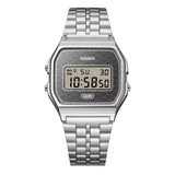 Casio Vintage A159WEVJ-7D front view showcasing the restrained silver-grey Seigaiha overlapping arc wave motif across the dial, shifting subtly with the light, housed in the iconic slim 33.2mm x 8.5mm rectangular case with integrated stainless steel bracelet.