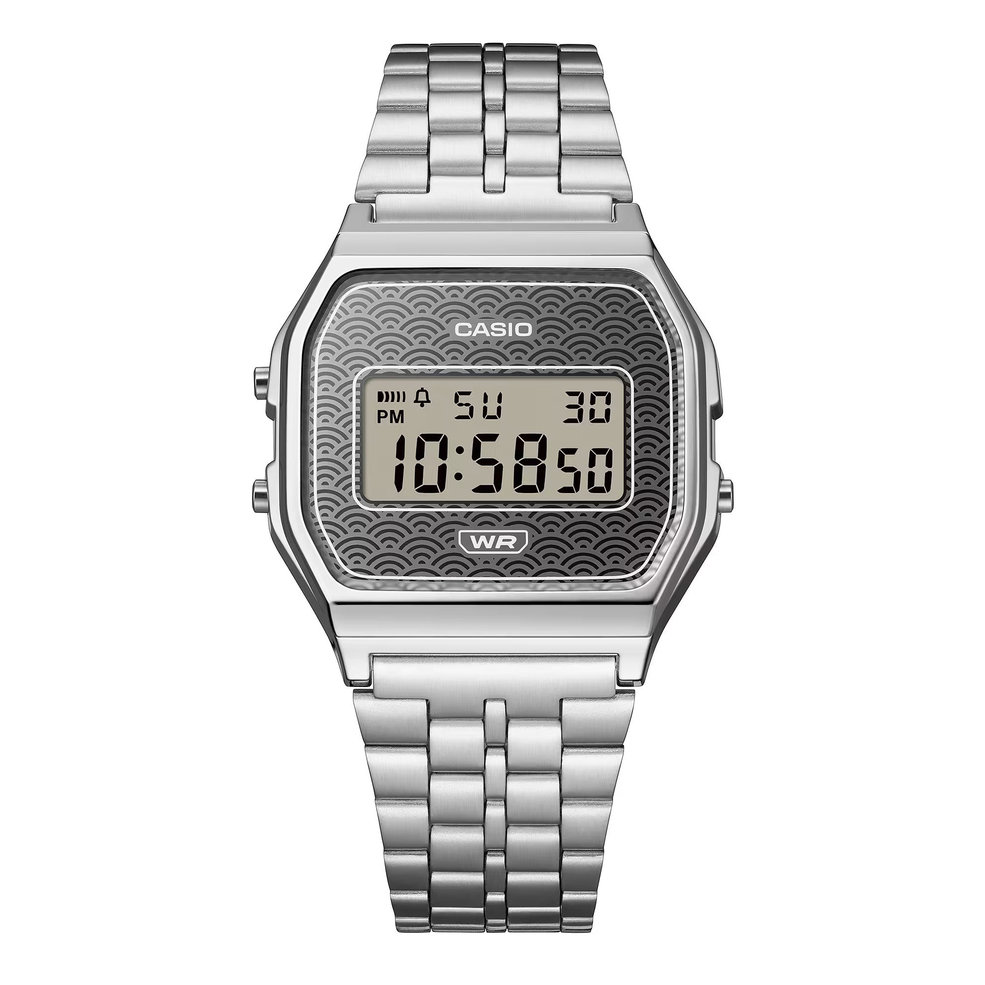 Casio Vintage A159WEVJ-7D front view showcasing the restrained silver-grey Seigaiha overlapping arc wave motif across the dial, shifting subtly with the light, housed in the iconic slim 33.2mm x 8.5mm rectangular case with integrated stainless steel bracelet.