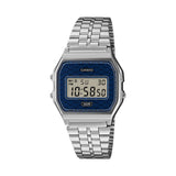 Casio Vintage A159WEVJ-2D front view, featuring the compact 33.2mm chrome-plated resin case with stainless steel bracelet, deep indigo Seigaiha wave-patterned dial combining vapor deposition and printed finishes, and the classic rectangular digital LCD display — a Made-in-Japan limited edition Vintage.