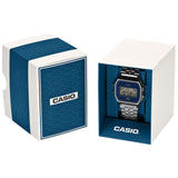 Casio Vintage A159WEVJ-2D front view showcasing the traditional Seigaiha overlapping arc wave motif across the deep indigo dial, shifting subtly with the light, housed in the iconic slim 33.2mm x 8.5mm rectangular case with integrated stainless steel bracelet - in a watch box