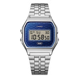 Casio Vintage A159WEVJ-2D front view — deep indigo Seigaiha wave dial, slim rectangular chrome-plated case, digital LCD display. 36.8mm x 33.2mm x 8.5mm, 45 grams, Made in Japan.