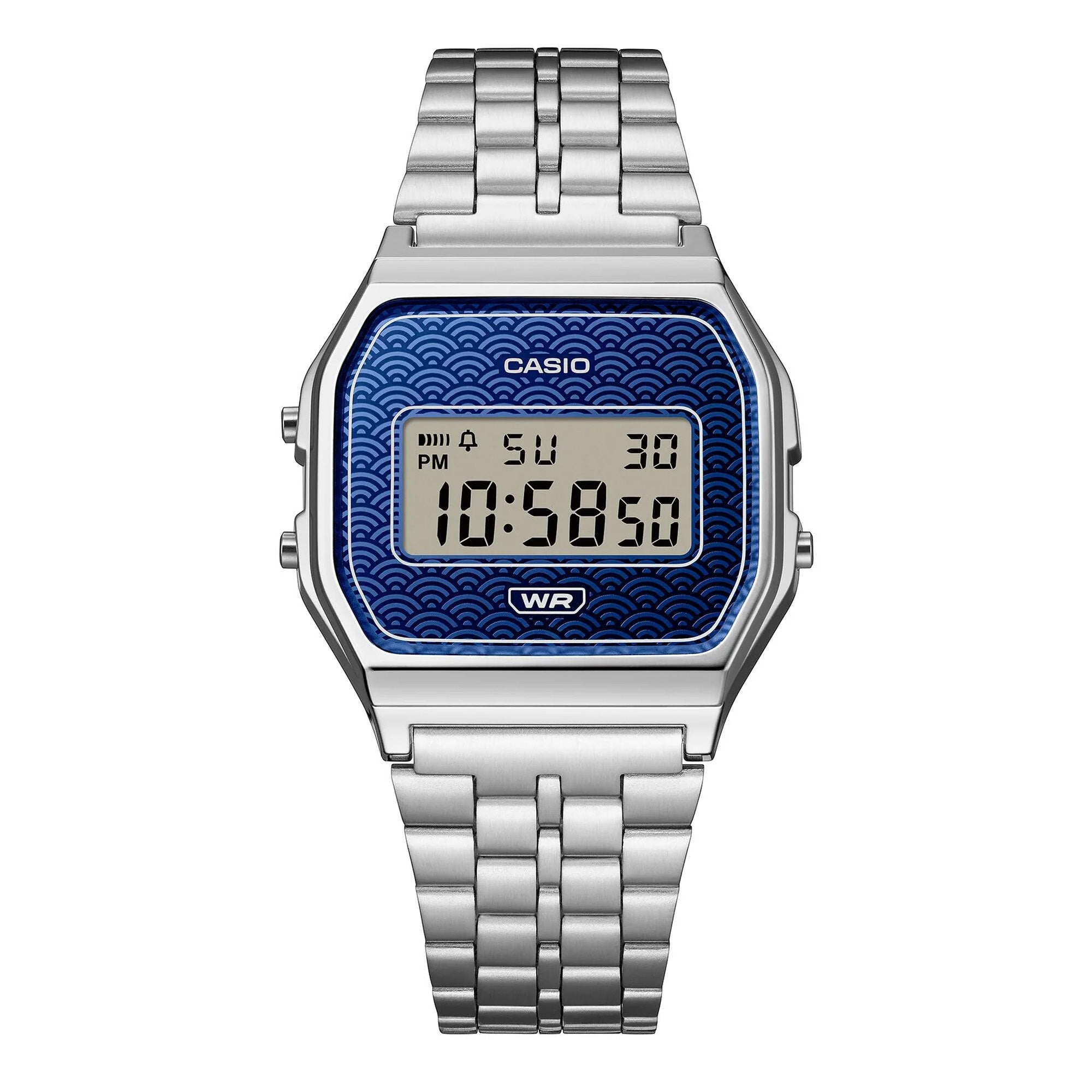 Casio Vintage A159WEVJ-2D front view — deep indigo Seigaiha wave dial, slim rectangular chrome-plated case, digital LCD display. 36.8mm x 33.2mm x 8.5mm, 45 grams, Made in Japan.