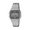 Casio Vintage A159WEVJ-7D front view, featuring the compact 33.2mm chrome-plated resin case with stainless steel bracelet, silver-grey Seigaiha wave-patterned dial combining vapor deposition and printed finishes for a light-shifting shimmer, and the classic rectangular digital LCD display — a Made-in-Japan limited edition Vintage.