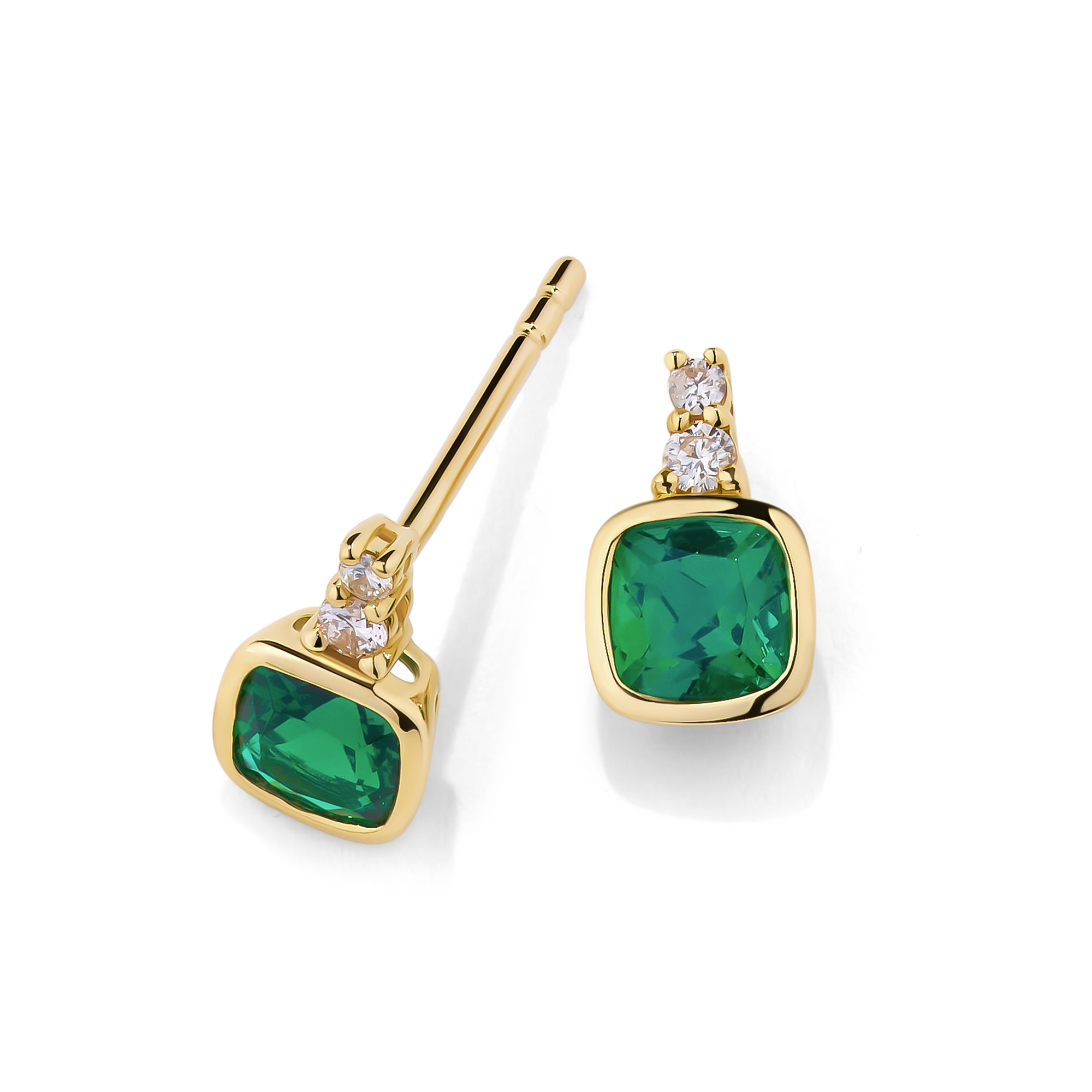 Created Emerald & Diamond Cushion Stud Earrings in 9ct Yellow Gold