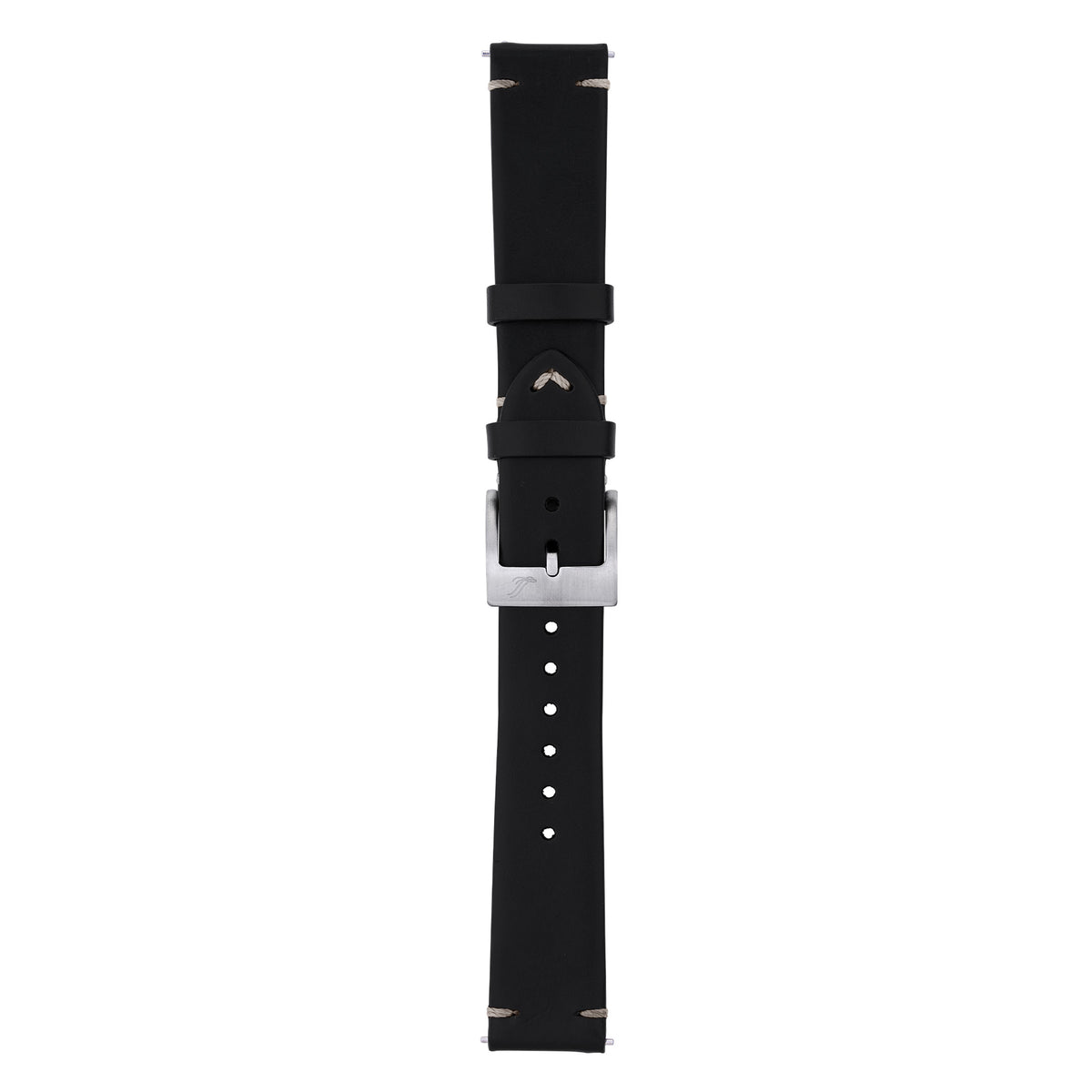 A black watch strap with silver-toned metal hardware, including a silver buckle and silver-toned stitching details, shown vertically against a plain white background.