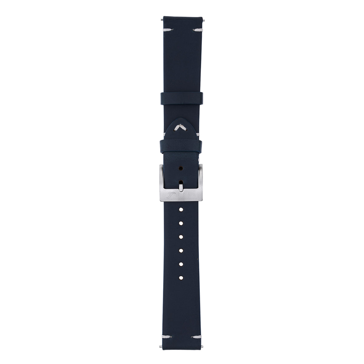 A dark navy blue watch strap with a silver metal buckle, shown vertically against a plain white background.