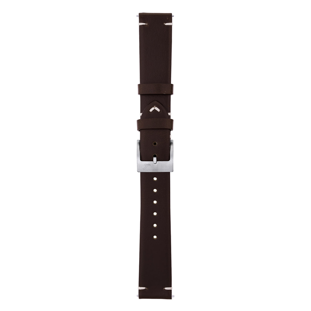 A dark brown leather watch strap with a silver-toned metal buckle, shown vertically against a plain white background.