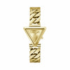 The Guess GW0859L2 is shown face-on, highlighting its 34mm triangle-shaped case and champagne dial. The logo detail on the dial echoes the case's iconic Guess triangle motif.