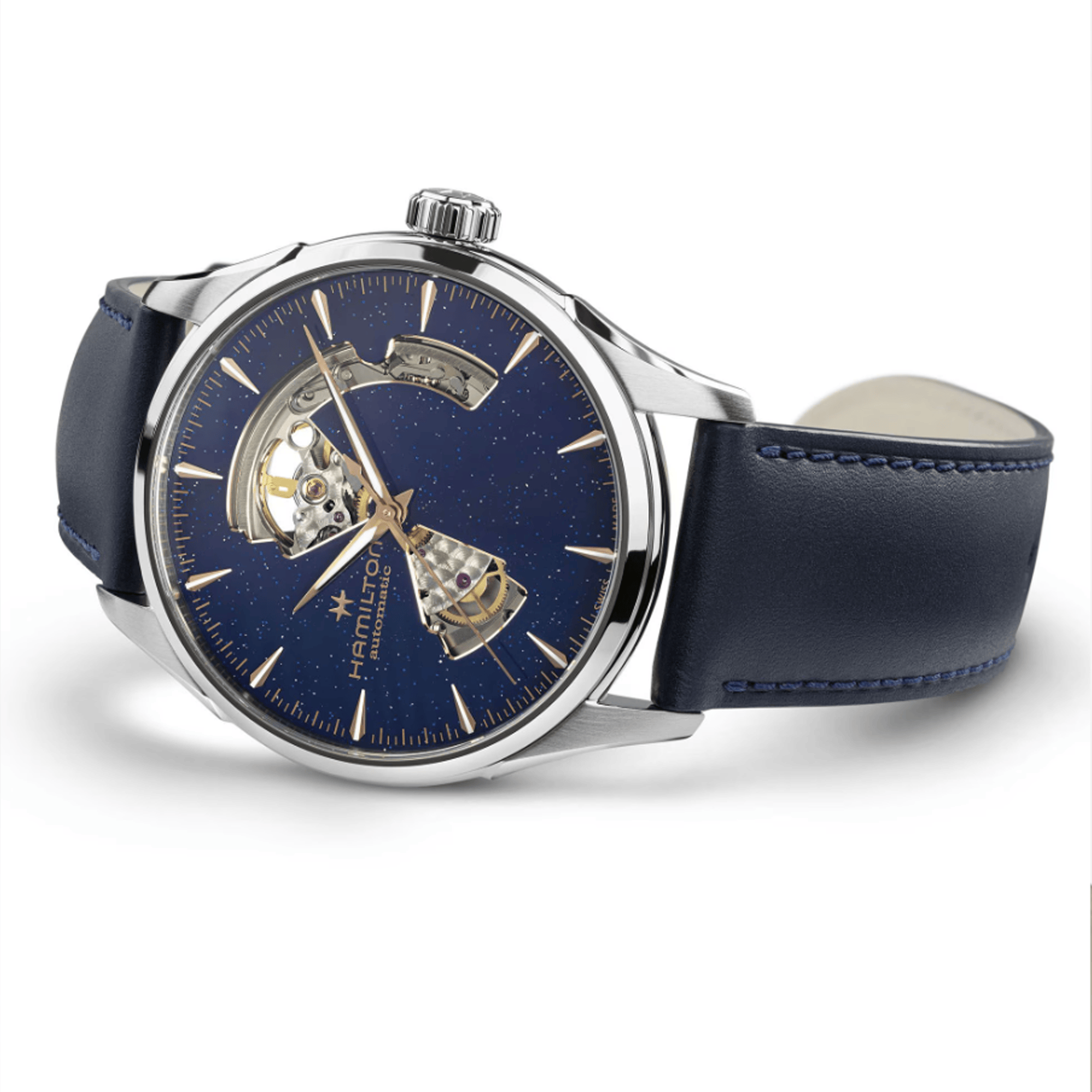 A Hamilton Jazzmaster Men's 42mm automatic watch with a midnight blue dial and a blue leather strap.