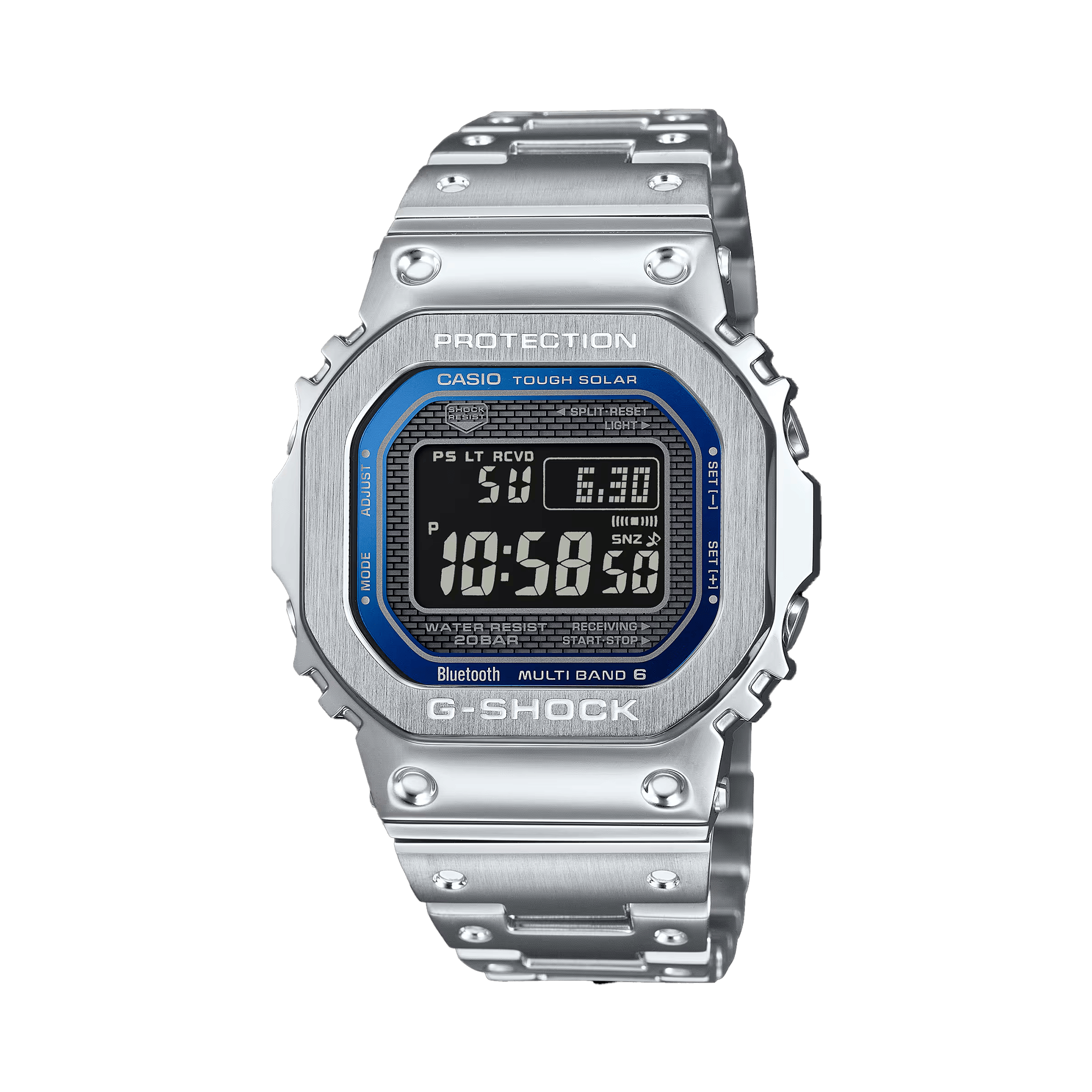Front-on view of the Casio G-SHOCK Full Metal GMW-B5000D-2 Men's Digital Watch, 49mm case, in silver stainless steel with a blue dial accent. The square full-metal case and digital display are clearly visible from this straight-on angle.