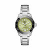 TAG Heuer Aquaracer Professional 300 Date WBP231L.BA0618 shown face-on with its green wave-pattern dial and black bezel fully visible. The steel bracelet is displayed straight down, showing its polished and brushed link pattern.