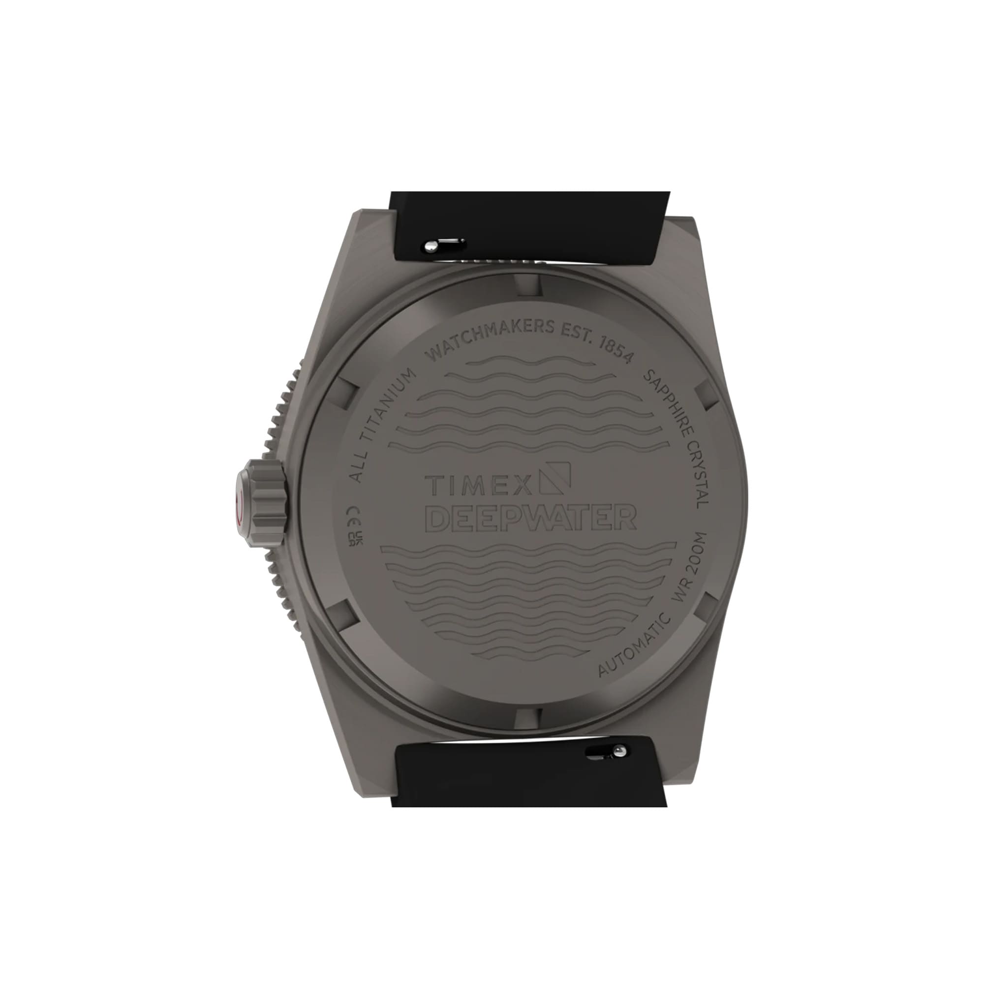 Case - Timex Deepwater Reef 200 Titanium Automatic men’s watch with orange dial, black HNBR synthetic rubber strap, and brushed 41mm titanium case featuring a unidirectional dive bezel in a rugged professional dive watch design.