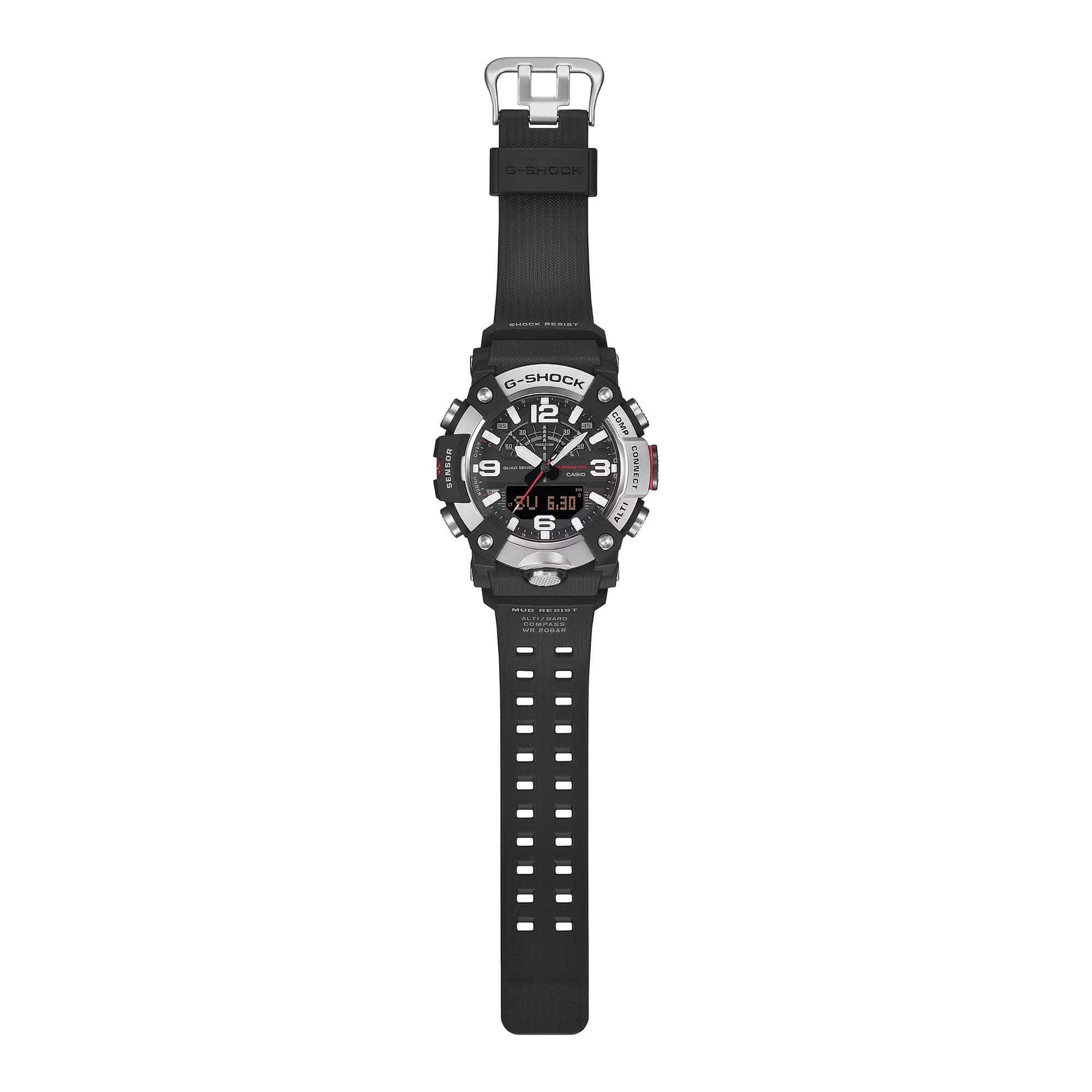 Casio G-SHOCK Mudmaster GGB100XM-1A analogue digital watch with black carbon fibre bezel, rugged resin band, and mud-resistant outdoor design.