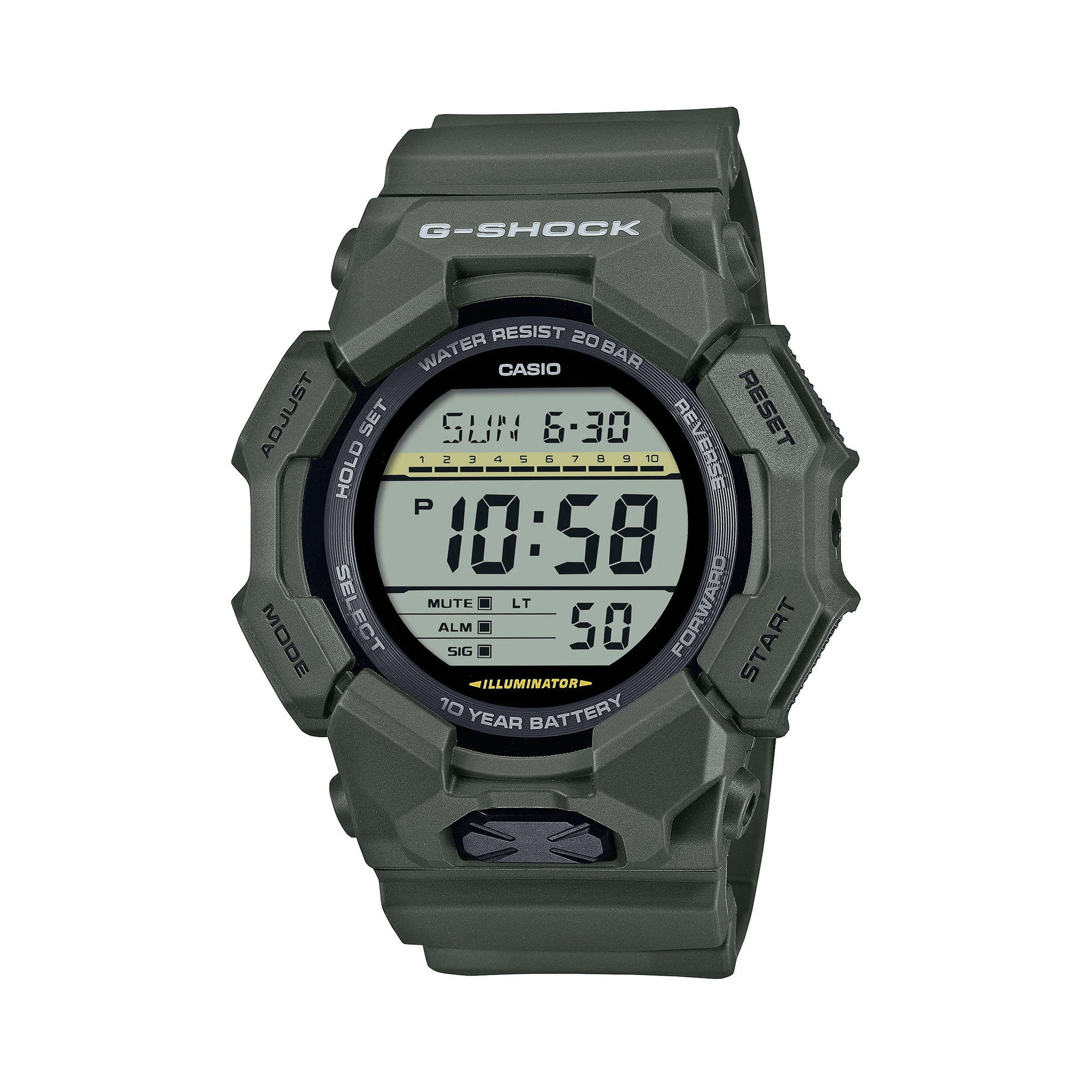 Casio G-SHOCK GD010-3D digital watch featuring green bio-based resin band and case, LCD display, LED backlight, and shock-resistant design.