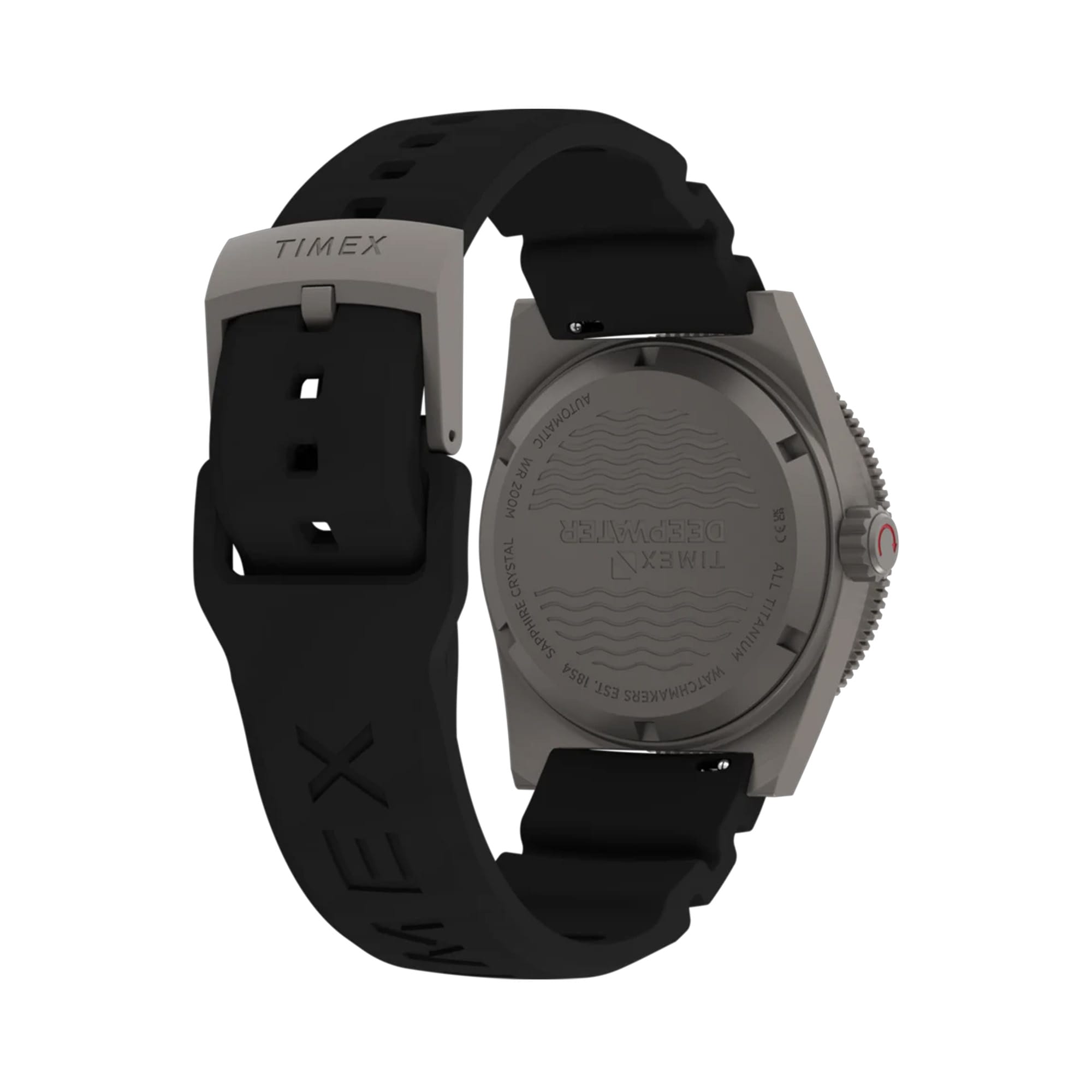 Timex Deepwater Reef 200 Titanium Automatic men’s watch with orange dial, black HNBR synthetic rubber strap, and brushed 41mm titanium case featuring a unidirectional dive bezel in a rugged professional dive watch design.