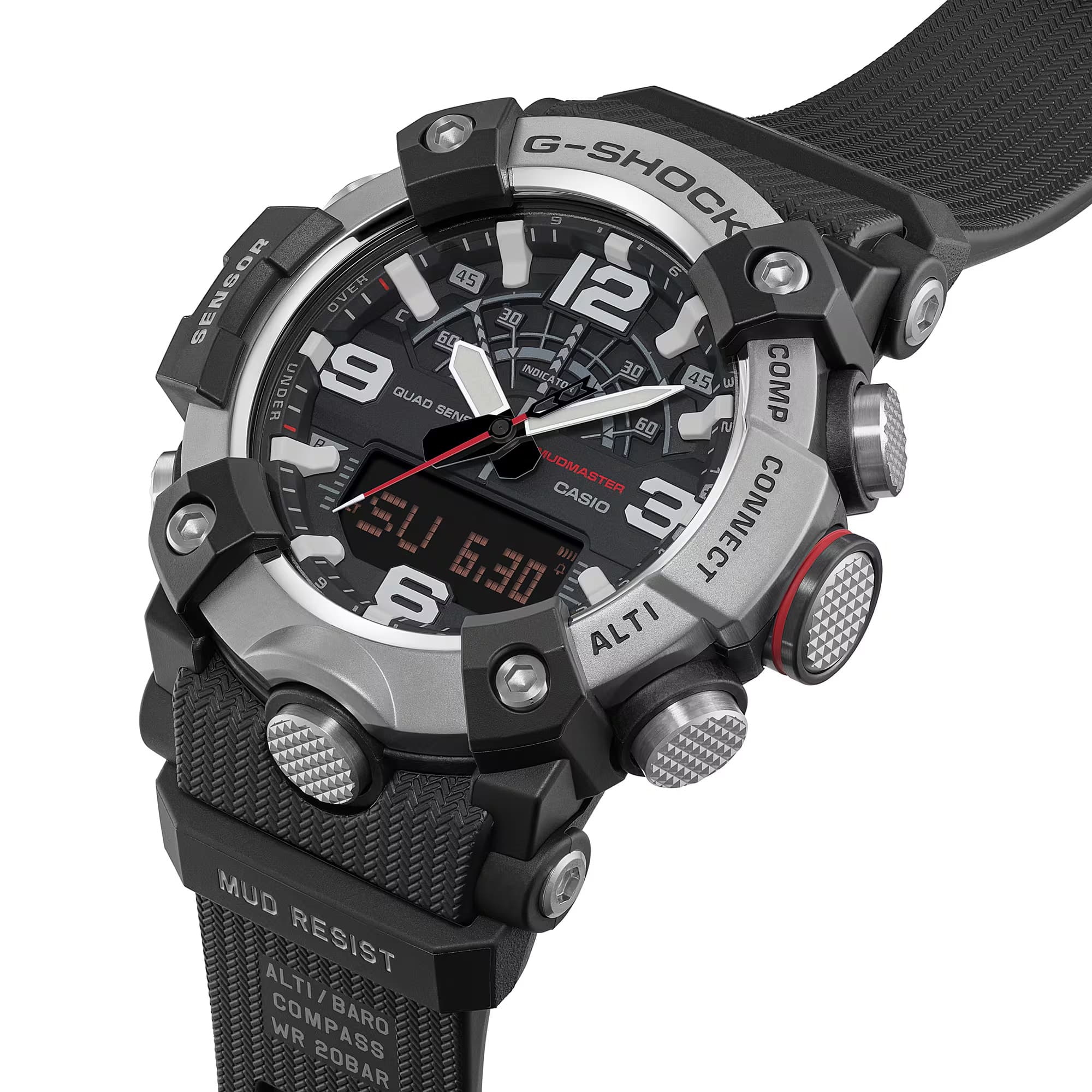 Casio G-SHOCK Mudmaster GGB100XM-1A analogue digital watch with black carbon fibre bezel, rugged resin band, and mud-resistant outdoor design.
