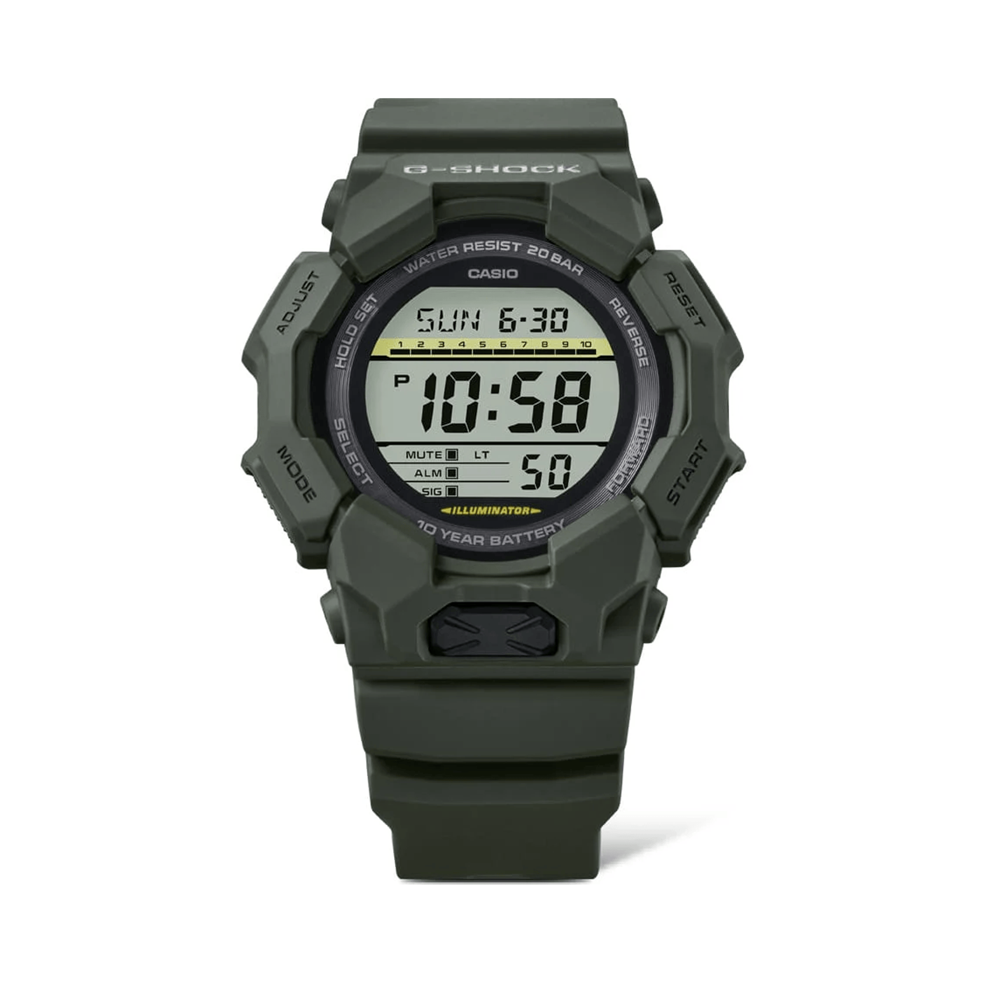 Casio G-SHOCK GD010-3D digital watch featuring green bio-based resin band and case, LCD display, LED backlight, and shock-resistant design.