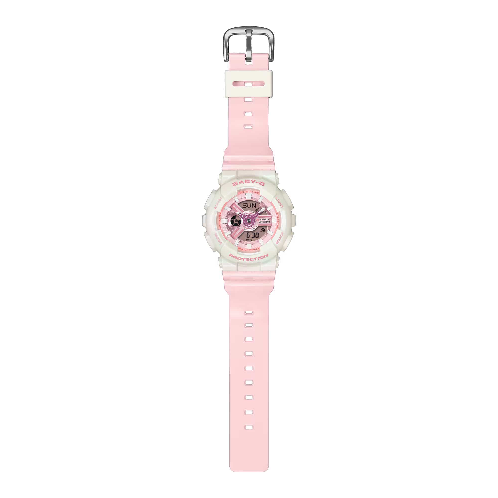 Casio BABY-G BA110PD-4A analogue digital watch with pink resin band, rose gold dial accents, and shock-resistant oversized design.