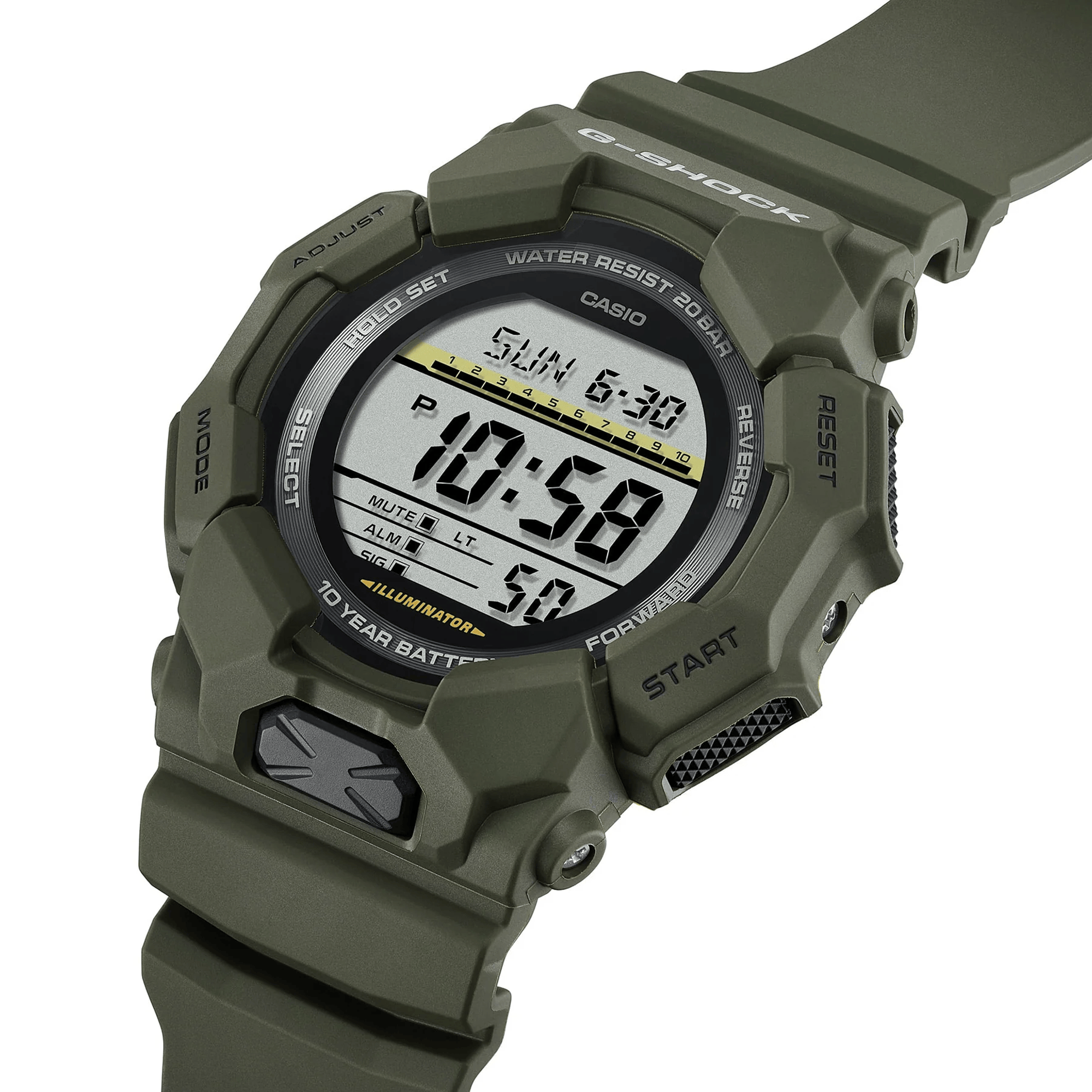 Casio G-SHOCK GD010-3D digital watch featuring green bio-based resin band and case, LCD display, LED backlight, and shock-resistant design.