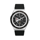 Q Timex x NASA men’s watch with black multifunction dial, black leather strap, and 40mm stainless steel case featuring space-inspired sub-dials and retro Q Timex styling.