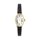 Timex watch with black strap and gold case and white dial