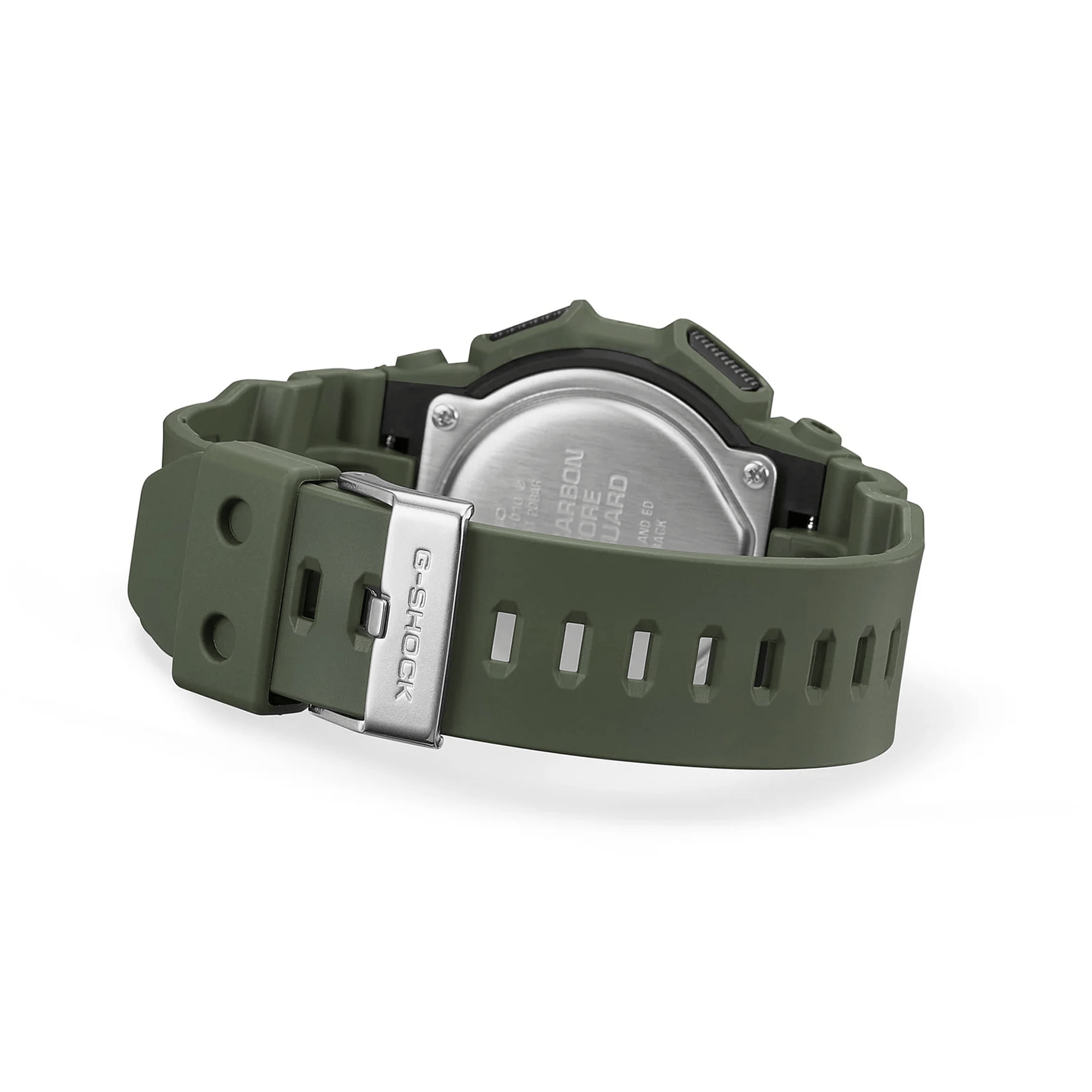 Back of case - Casio G-SHOCK GD010-3D digital watch featuring green bio-based resin band and case, LCD display, LED backlight, and shock-resistant design.