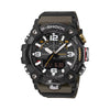Casio G-Shock Mudmaster GGB100X-1A3 watch front view, featuring a large 55.4mm carbon fibre reinforced resin case with triple-layered carbon bezel, analogue hands, inverted LCD digital display, and khaki band accents on a black base.