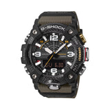 Casio G-Shock Mudmaster GGB100X-1A3 watch front view, featuring a large 55.4mm carbon fibre reinforced resin case with triple-layered carbon bezel, analogue hands, inverted LCD digital display, and khaki band accents on a black base.