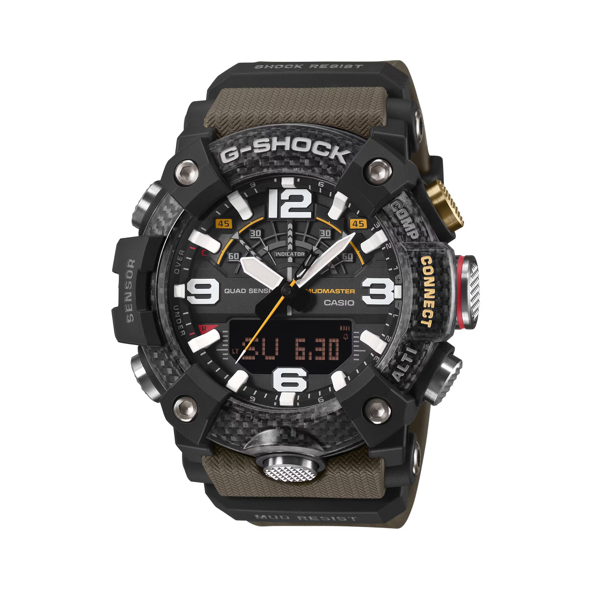 Casio G-Shock Mudmaster GGB100X-1A3 watch front view, featuring a large 55.4mm carbon fibre reinforced resin case with triple-layered carbon bezel, analogue hands, inverted LCD digital display, and khaki band accents on a black base.