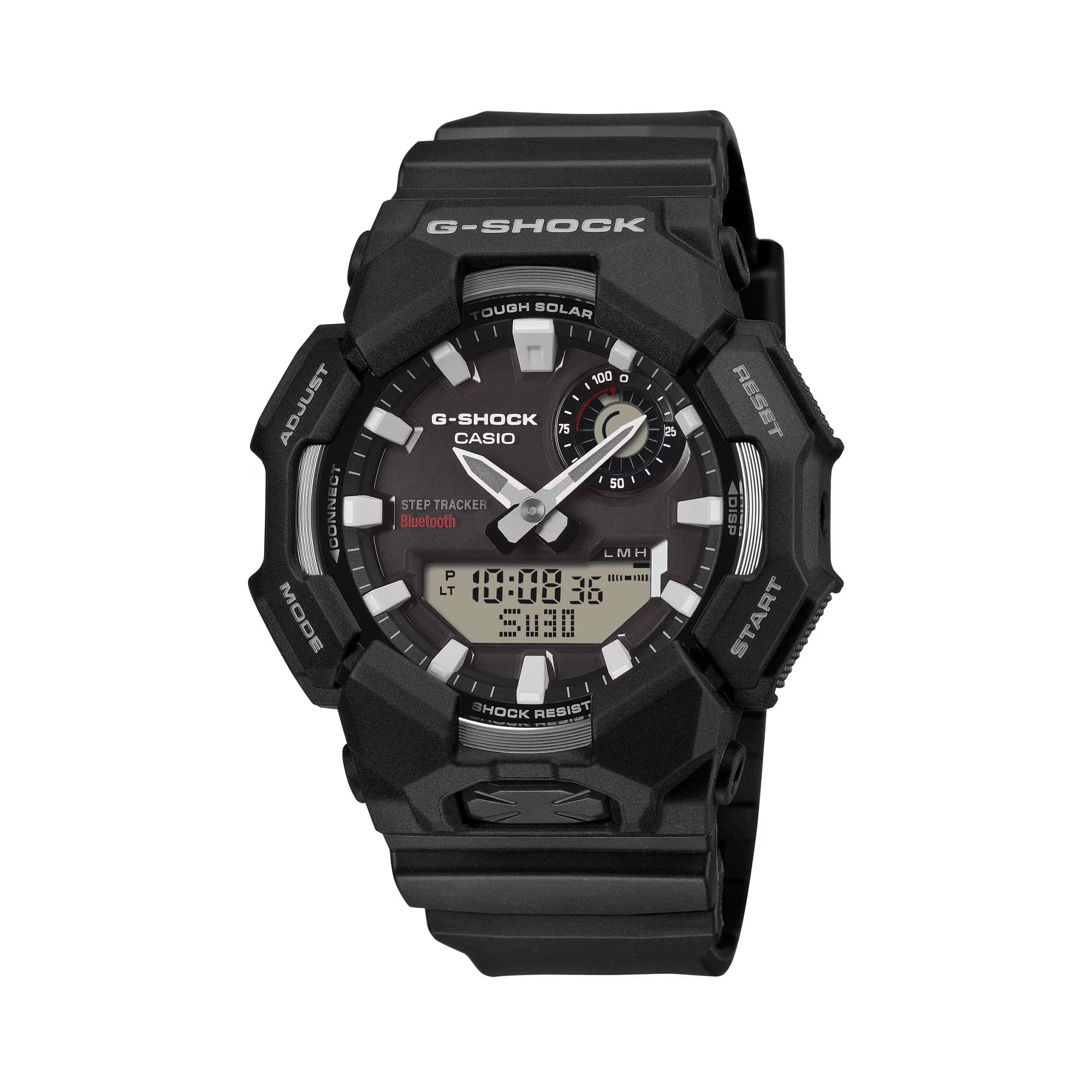 Casio G-SHOCK GAB010-1A analogue digital watch with black resin band, solar power, Bluetooth connectivity, and step tracking features.