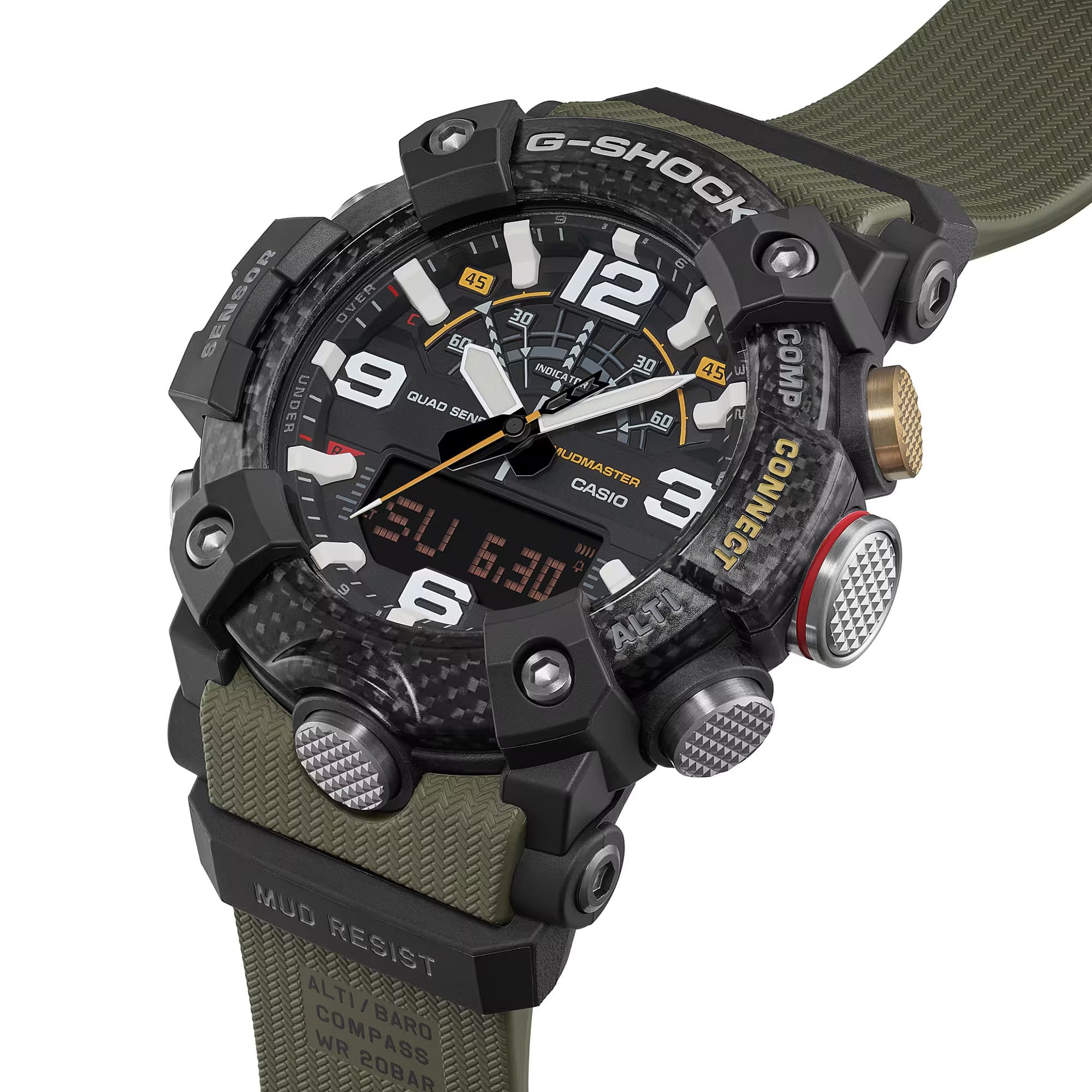 Casio G-Shock Mudmaster GGB100X-1A3 watch front view, featuring a large 55.4mm carbon fibre reinforced resin case with triple-layered carbon bezel, analogue hands, inverted LCD digital display, and khaki band accents on a black base - close up