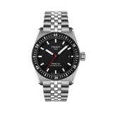 Tissot PR516 38mm T149.407.11.051.00 front view – black dial, 316L stainless steel case, mineral bezel ring with 60-minute scale, Super-LumiNova® indexes and hands, date window, stainless steel bracelet