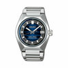 The King Seiko VANAC Men's 41mm Automatic Watch SLA085J features a navy-blue dial with a horizontal stripe pattern, a V-shaped 12 o'clock index and a date window. The 41mm stainless steel case is fitted with box-shaped sapphire crystal.