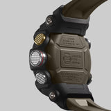 Casio G-Shock Mudmaster GGB100X-1A3 watch rear view showing the dual back cover construction with stainless steel panel back and glass-fibre reinforced resin outer cover, confirming Carbon Core Guard shock and mud resistance credentials with G-Shock Mudmaster branding.