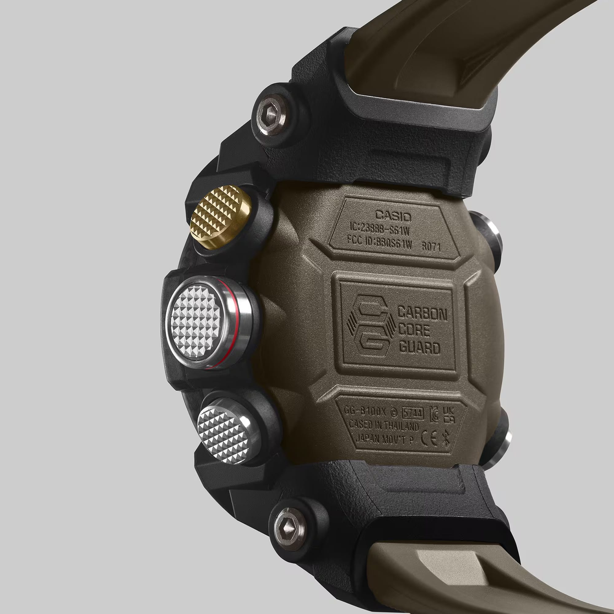 Casio G-Shock Mudmaster GGB100X-1A3 watch rear view showing the dual back cover construction with stainless steel panel back and glass-fibre reinforced resin outer cover, confirming Carbon Core Guard shock and mud resistance credentials with G-Shock Mudmaster branding.