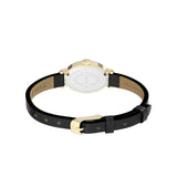 Back image of a wristwatch with black strap and gold case