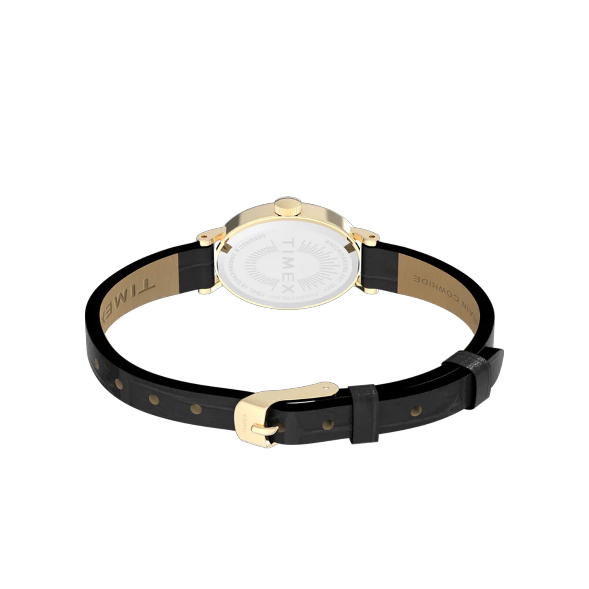 Back image of a wristwatch with black strap and gold case