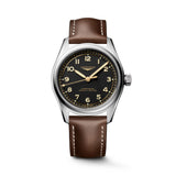 Longines watch with brown leather strap and black dial