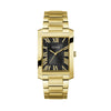 The Guess GW0896G2 is shown face-on, highlighting its 33.7mm square gold-tone case and black dial. Gold-tone hands offer a clean, easy-to-read contrast against the dark dial.
