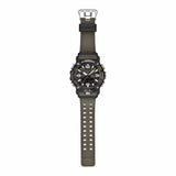 Casio G-Shock Mudmaster GGB100X-1A3 watch front view, featuring a large 55.4mm carbon fibre reinforced resin case with triple-layered carbon bezel, analogue hands, inverted LCD digital display, and khaki band accents on a black base - showing full length of strap