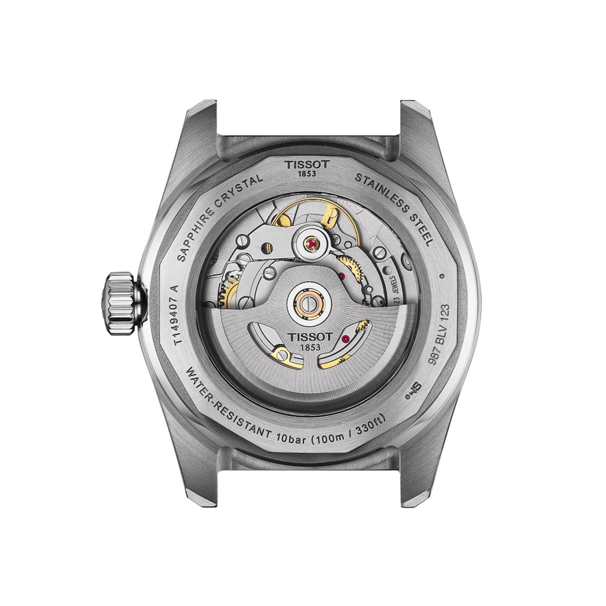 Tissot PR516 38mm T149.407.11.051.00 see-through caseback – Powermatic 80 automatic movement with Nivachron balance spring visible, 316L stainless steel, Swiss made, water resistant to 100m