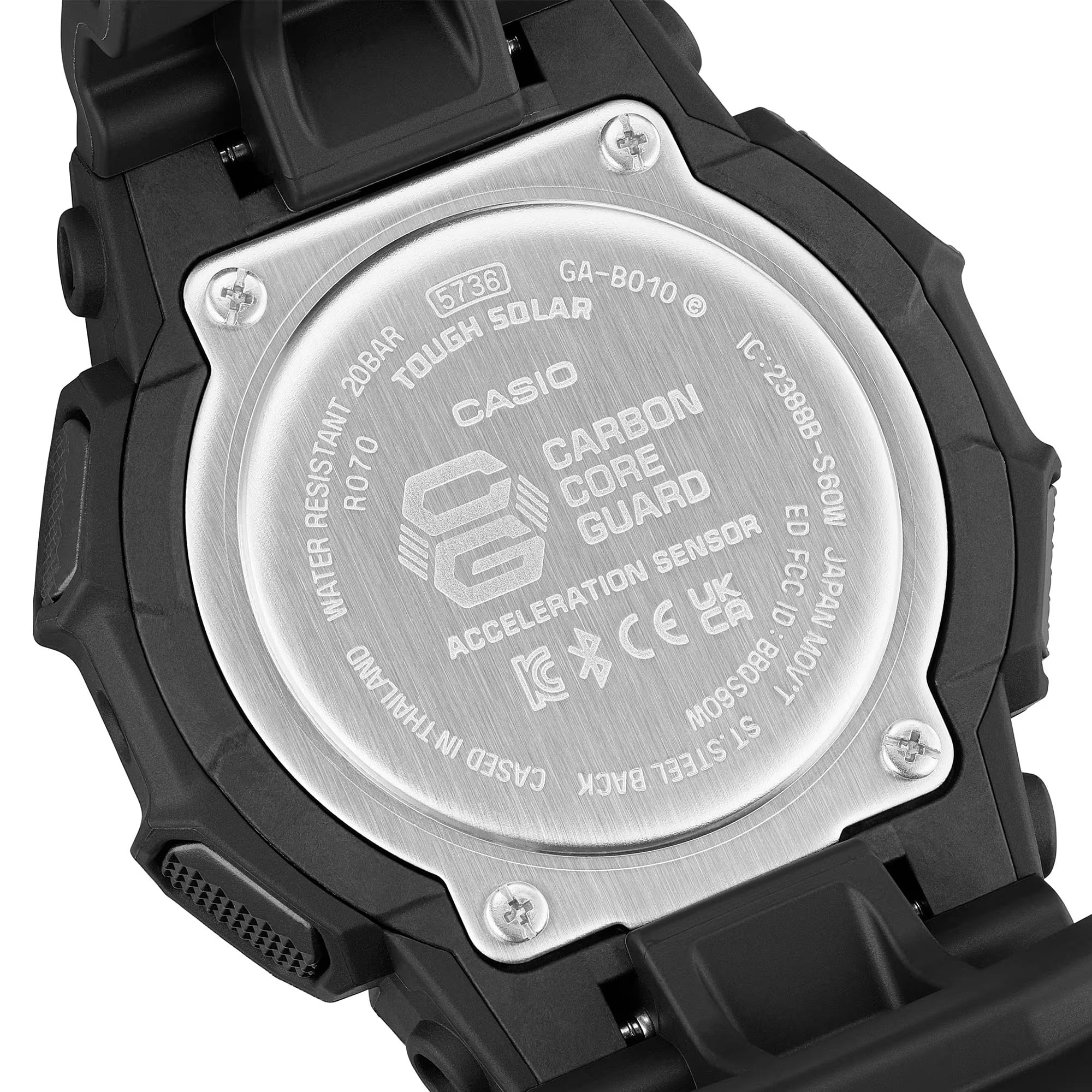 Back of case - Casio G-SHOCK GAB010-1A analogue digital watch with black resin band, solar power, Bluetooth connectivity, and step tracking features.