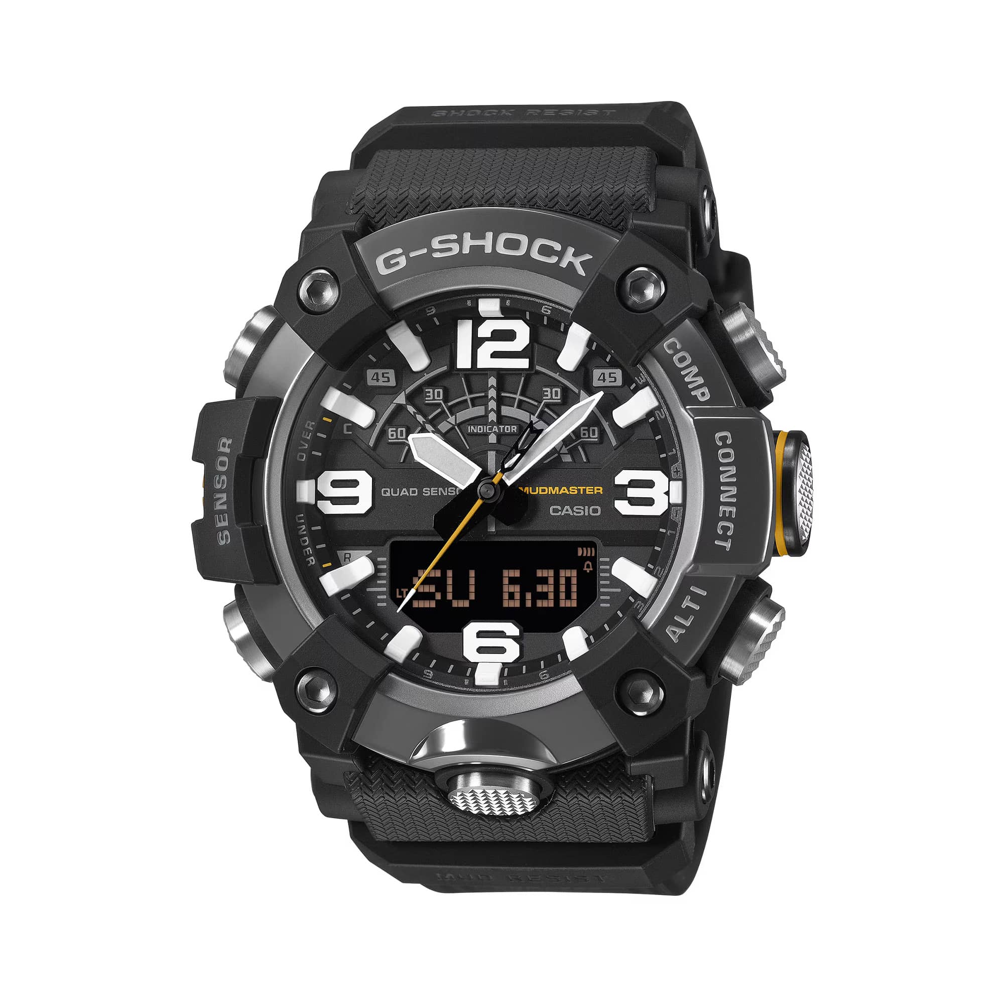 Casio G-SHOCK GGB100XMB-1A Mudmaster analogue digital watch with black resin band, metal bezel, Bluetooth connectivity, and quad sensor outdoor functions.